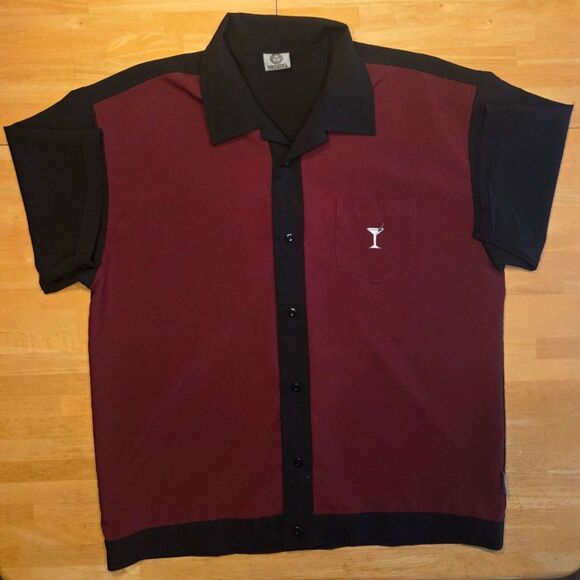Venue Other - Vintage Bowling Shirt Men's L Burgundy/Black Button-Up Embroidered Martini Glass